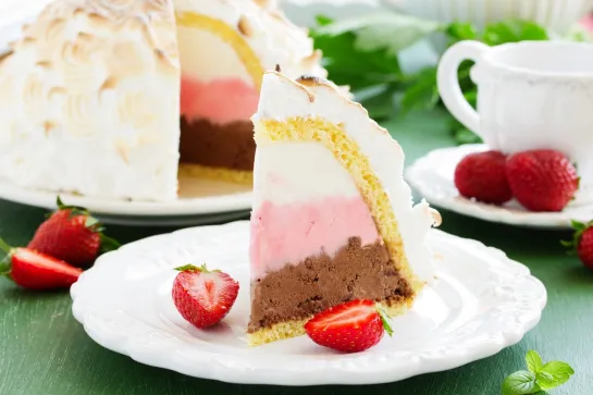 Baked ice cream dessert on a chocolate base